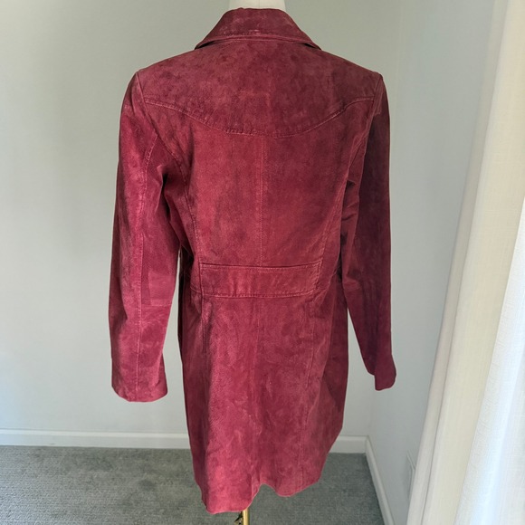 Burgundy 100% Leather Suede Trench Coat Jacket Small Denim & Co Academia Boho - Picture 8 of 16